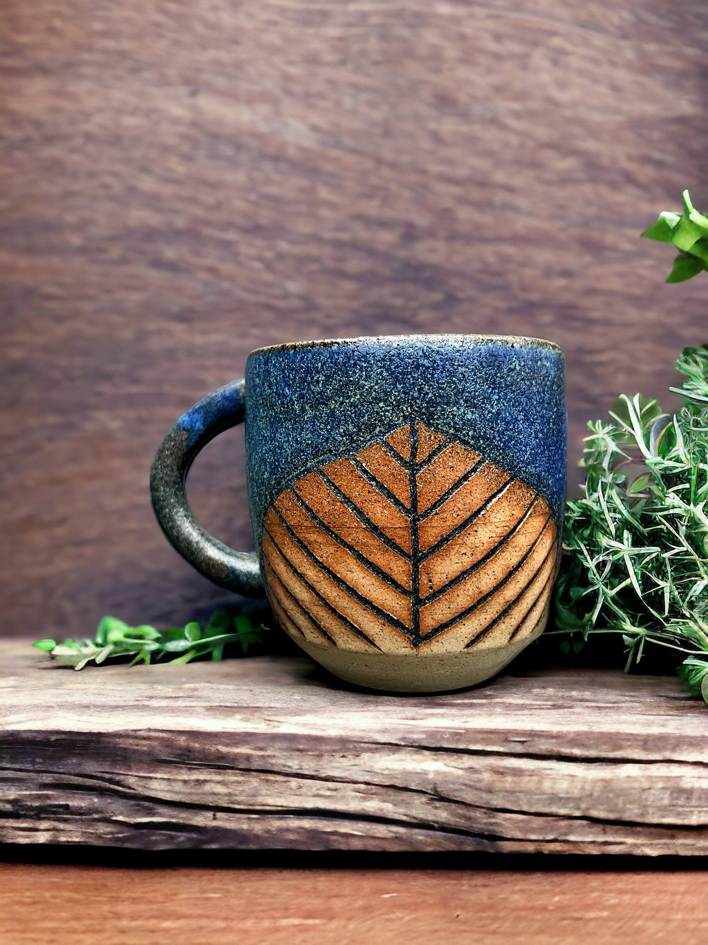 Ceramic Blue Leaf Mug